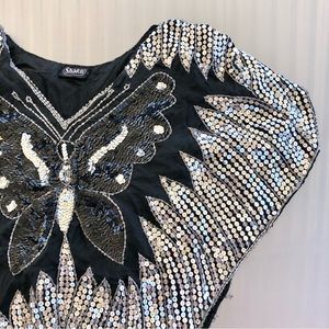 70s Vintage Shakti Butterfly Sequin 100% Silk Party Top Blouse Black And Silver